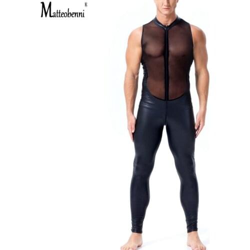 Men Sexy Faux Leather Catsuit PVC Latex Body Suit Front Zipper Open Crotch Bodysuit Clubwear Fetish Gay Erotic Lingerie Costumes