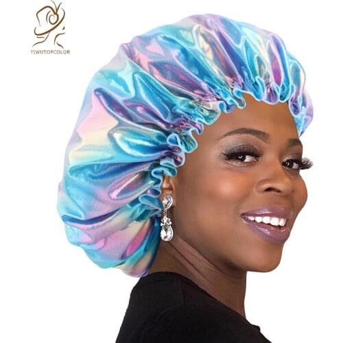 New Ladies Laser Colorful Nightcap Large Elastic Fungus Narrow Edge Scarf Hair Care Sleeping Cap Beauty Makeup Cap