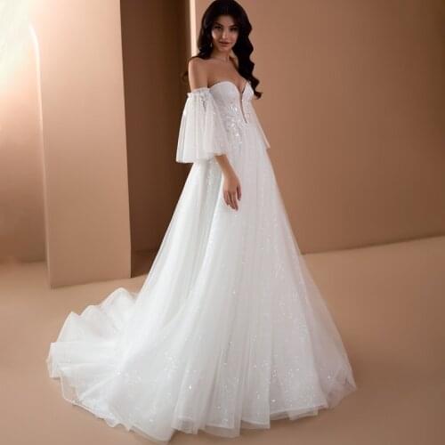 Stunning Removable Flare Sleeves Sweetheart Beaded Tulle Wedding Dress свадебное платье 2021