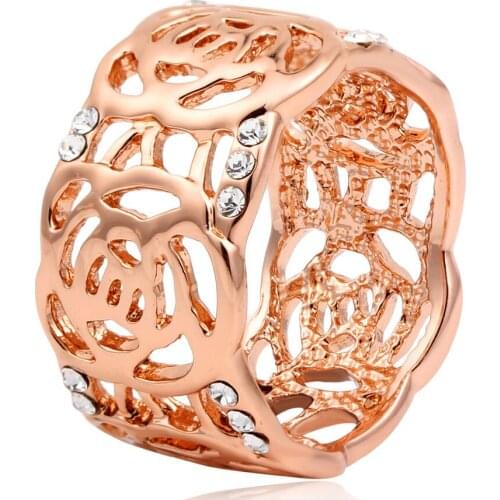 Rose Gold Color Wide Cut Out Flower Sporadic With Crystal Band Ring for Women Girls Vogue Finger Jewelry Bague Size 5.5 7.5 8.5