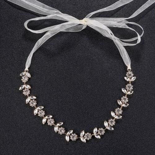 SLBRIDAL Handmade Gold Crystals Rhinestones Ribbon Wedding Hairbands Bridal Headband Hair accessories Fashion Women Jewelry