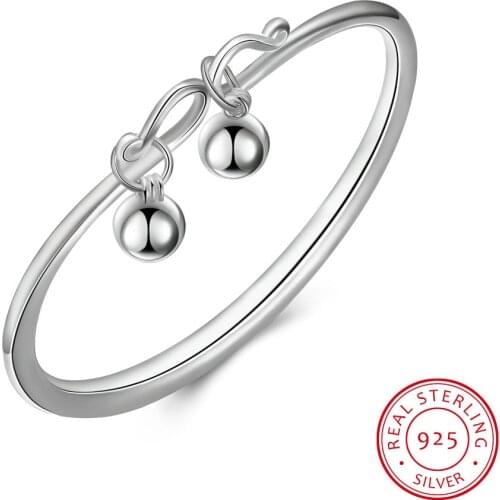 ZEMIOR Genuine 925 Sterling Silver Minimalist Bangles For Women Round Bead Hanging Charm Bangle Fine Jewelry Anniversary Gift