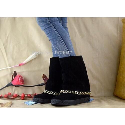 Suede Increased Within Chains Woman Boots Fashion Slip On Platform Mid-calf Wedge Boots Laides Best Design Short Boots