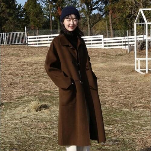 Women Autumn Winter Long Woolen Coat 2021 Long Sleeve Horn Button Elegant Cashmere Wool Warm Overcoat vintage Jacket Outwear