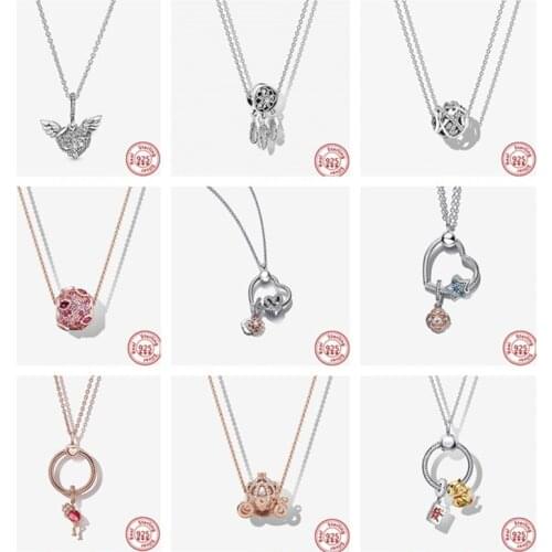 Free Shipping Authentic 925 Sterling Silver Carriage Heart Wings Pendant Necklace Women DIY Jewelry Classic Cable Chain Necklace