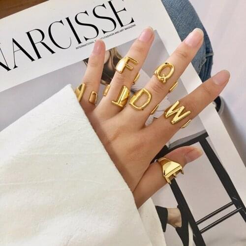 Gold A to Z 26 Mirror Face English Alphabets open Finger Rings Fashion Copper ornament jewelry
