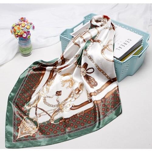 90*90cm Women Silk Scarf Fashion Flower Print Square Head Scarves Lady Luxury Brand Shawls Silk Women Scarf Foulard Satin Hijab