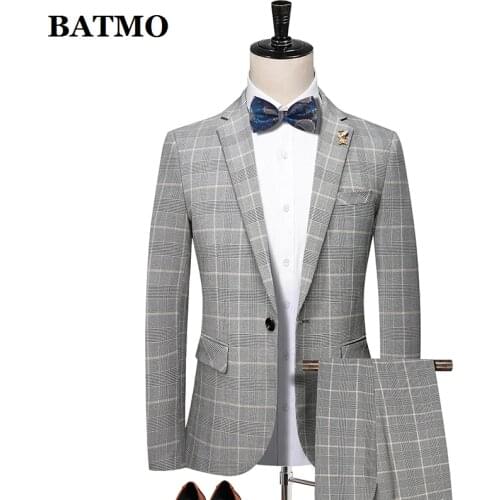 BATMO 2021 new arrival spring Plaid casual suits men,mens wedding dress,jackets+pants 5585