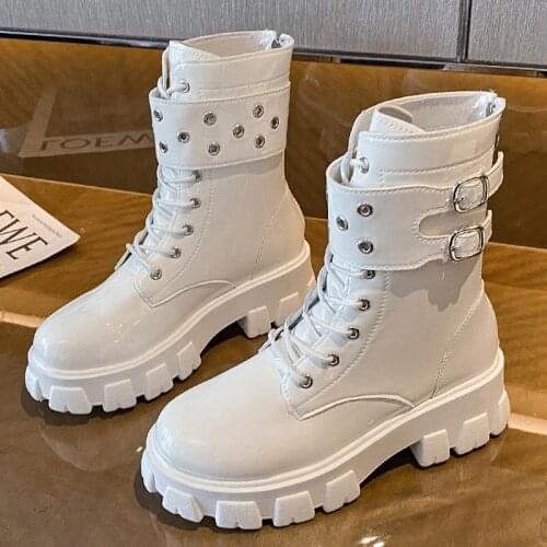 Boots Female British Style Autumn New Thick-Soled All-Match Motorcycle INS Zip Cross-tied Round Toe Square Heel Botas Altas Muje