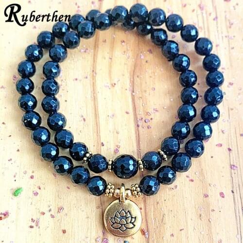 Ruberthen 6 & 8 mm Faceted Black Tourmaline Double-Wrap Wrist Mala Bracelet Root Chakra Energy Protection Bracelet Lotus Jewelry