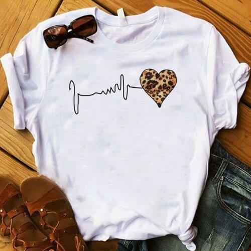 FIXSYS Women T Shirt Leopard Print Love Tee Fashion Shirt Femme Plus Size Cute Tops Streetwear Loose White O-neck T Shirt