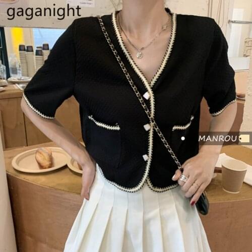 Gaganight French Women Knit Cardigan Summer Short Sleeves V Neck Office Lady Solid Cardigans Chic Korean Kardigan Tops Slim