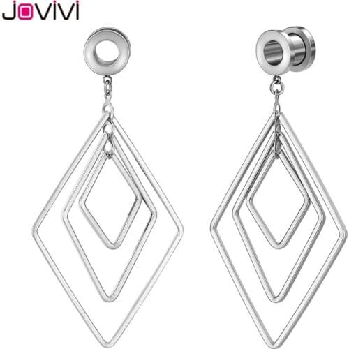 Jovivi Rhombus Pendant Statement Drop Dangle Earrings Ear Tunnels Plugs Expander Gauges Stretcher Body Piercing Jewelry 6mm-16mm