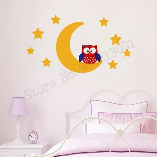 Babyroom Wall Sticker Beauty Cartoon Owl Moon Stars Bedroom Decor Vinyl Art Removeable Poster Mural Modern Ornament LY1012