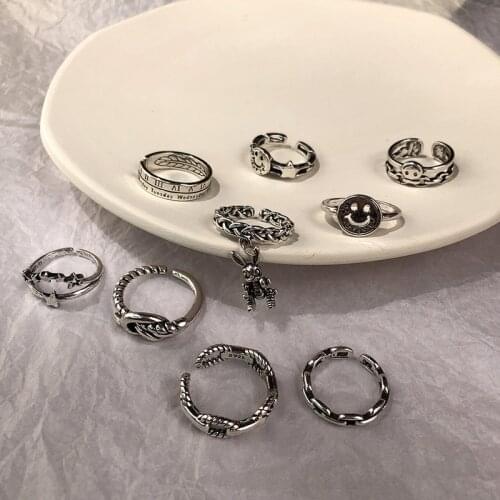 Punk Smile Chain Ring Set Metal Gold Color Hip Pop For Women Vintage Geometric Chunky Chain Knuckle Joint Ring Jewelry Gift