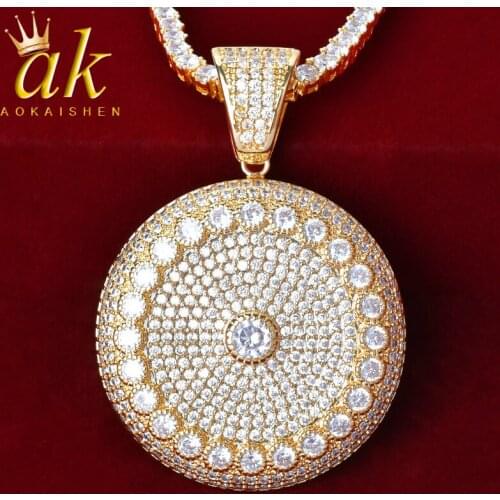 Circle Medallion Pendant Gold Color Cubic Zircon For Mens Hip Hop Jewelry