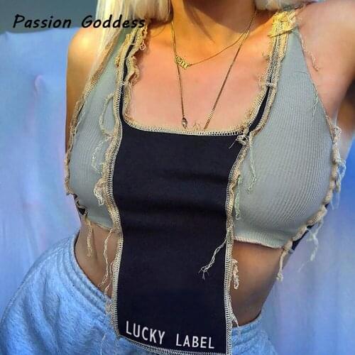 Patchwork Irregular Cropped Tops Streetwear Fashion Women Bandeau Letter Embroidered Tank Tops Femme Dance Cool Cropped Tops