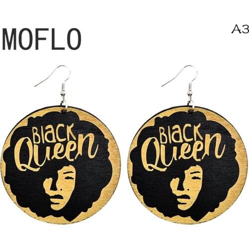MOFLO Ethnic Jewelry Black African Map Earrings Round Afro Woman Queen Painted Wood Earring for Women