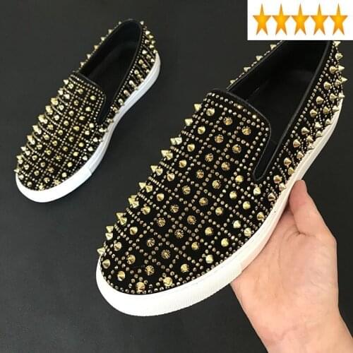 Mens Night Club Party Fashion Shiny Rivets Studded Genuine Leather Slip On Loafers Man High Street Casual Flats Punk Shoes