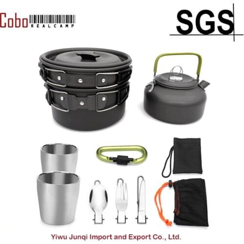 10pcs Camping Cookware Mess Kit, Lightweight Pot Pan Kettle with 2 Cups, Fork Knife Spoon Kit for Backpacking, Outdoor Camping H