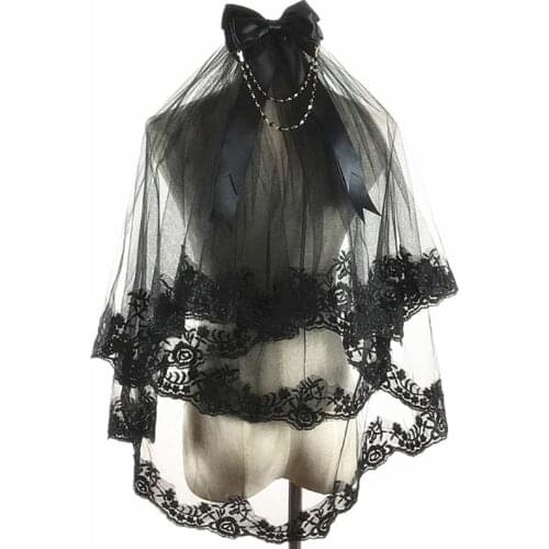 Single Layer Women Girls Cover Face Mantilla Black Wedding Veil Embroidery Eyelash Floral Lace Trim Halloween Cosplay Costume