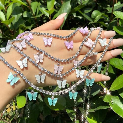 New Fashion 7 Butterfly Pendant Necklace for Women Silver Color Rhinestone Tennis Chain Choker Necklace Wedding Jewelry Gift