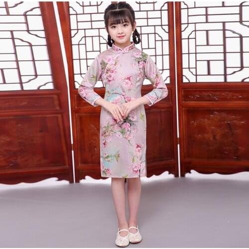Flower Chinese Traditional dress Girls cheongsam qipao style Cute Baby The Spring Festival Party Long sleeve Dresses