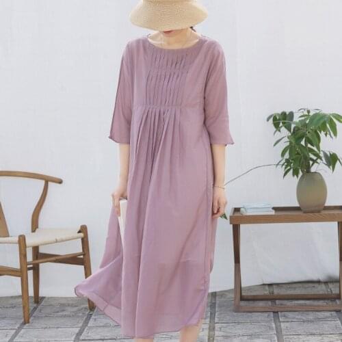 SCUWLINEN 2020 Women Spring Summer Dress O-neck Pleated Three Quarter Sleeve High-waist Long Mulberry Silk Cotton Dress S1038
