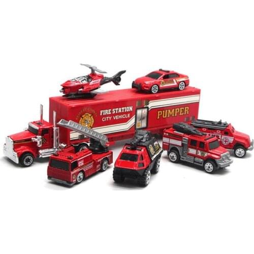 7pcs/set Fire truck vehicle set Ladder fire truck Helicopter ambulance Container truck car Alloy toy collection model kids gift