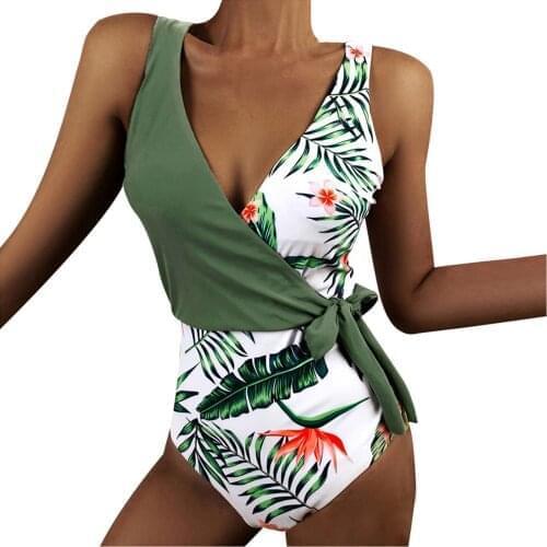 Sexy Leaf Print One Piece Swimsuit Women V Neck Swimwear Push Up Monokini Bathing Suit Bodysuit Beach Wear Female Swimsuit #T1G
