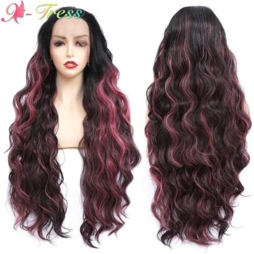 X-TRESS Pink Highlight Synthetic Lace Front Wigs for Black Women 32 Inch Free Part Long Wavy Wig Dark Roots Ombre Synthetic Wig