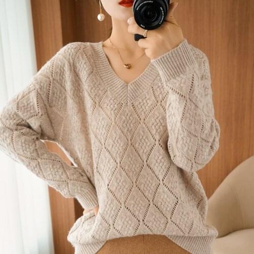 Harteen Spring Autumn New v-Neck Sweater Long Sleeve Womens Clothes Short Hollow Thin Korean Casual Loose Knitted Femme Top