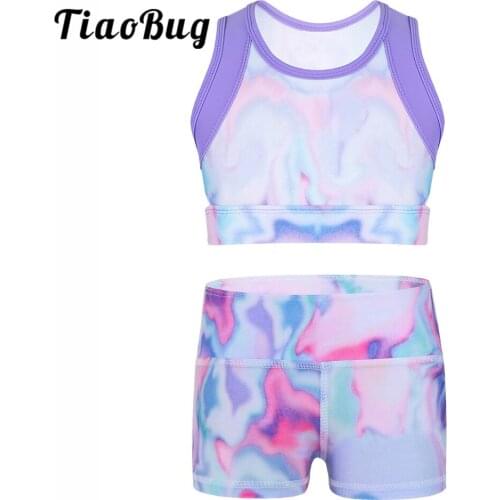 TiaoBug Summer Kids Colorful Stretchy Sleeveless Sports Dance Wear Crop Tops with Boy-cut Shorts for Girls Ballet Gymnastics