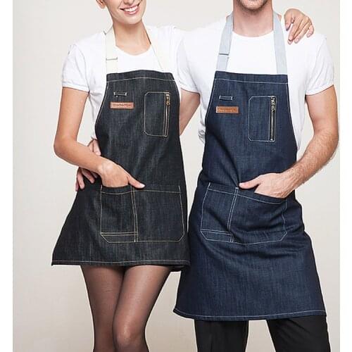 Unisex Work Apron For Men Denim Black Apron Bib Adjustable Cooking Kitchen Aprons For Woman With Tool Pockets