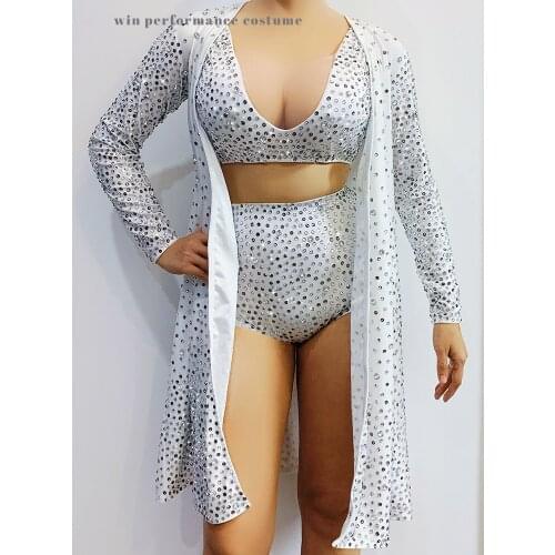 Custom Party dance wear Cloak stage costume white female bikini set rhinestone bra Pole Dance Costume celebrate Singer Show