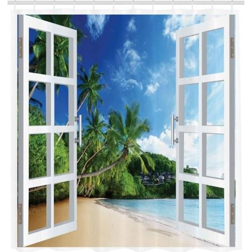 Beach Shower Curtain Palm Trees in Ocean Heaven Sunbeds Balcony White Wooden Windows Summer Tropical Cloth Fabric Bathroom Decor