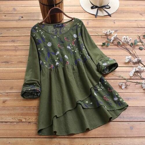 Blusas Top ZANZEA Spring Long Sleeve Shirts Vintage Floral Printed Patchwork Blouse Women Casual Asymmetric Tunic Tops Female