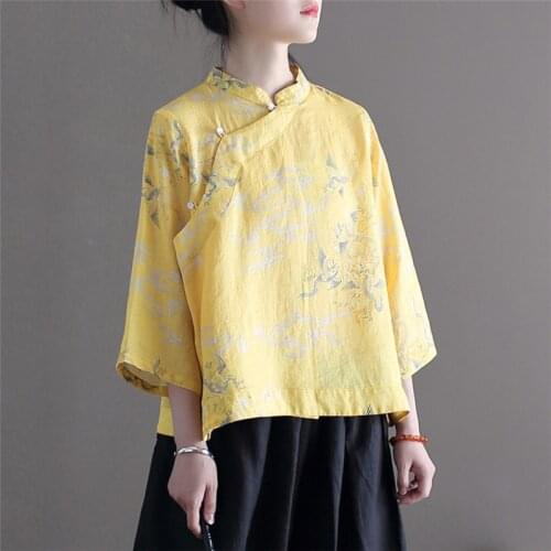 QPFJQD Women Ramie Print Floral Ramie Blouses Stand Collar Seven Sleeve 2021 Summer Female Button Retro Yellow Shirts And Tops