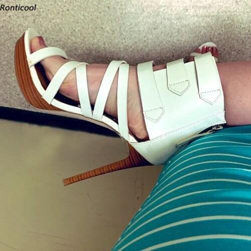 Ronticool Handmade Women 4 Cm Platform Sandals Hollow Out Sexy Stiletto Heel Round Toe Elegant White Dress Shoes US Size 5-20