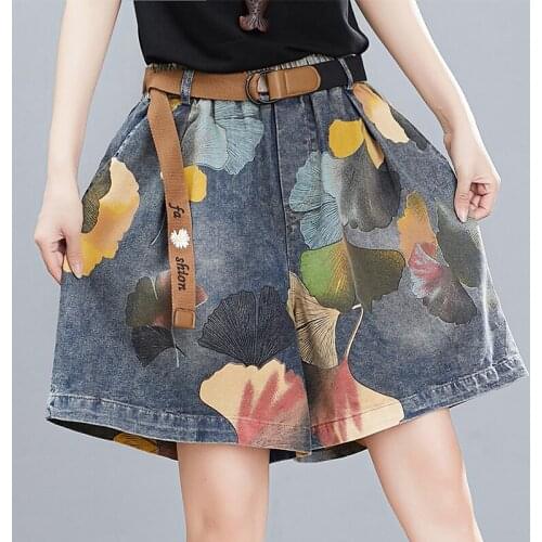 Harajuku Women Jeans Summer Shorts Vintage Elastic High Waist Plus Size Loose Casual Printed Denim Wide Leg Pants Female G1247