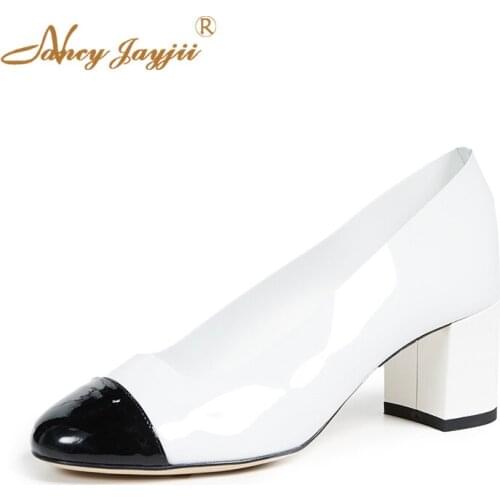 Mags White Chunky Heels Pumps Black Toe Woman Patent Leather Shallow Career Office Lady Female Party Sexy Size 36 Dress Autumn