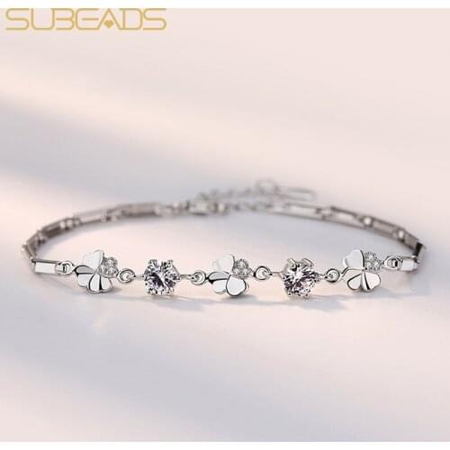 Subeads Four Petals Flower Charms Bracelet for Women Cz Zircon Beads Strip Shape Chain Bracelet Party Fine Jewelry
