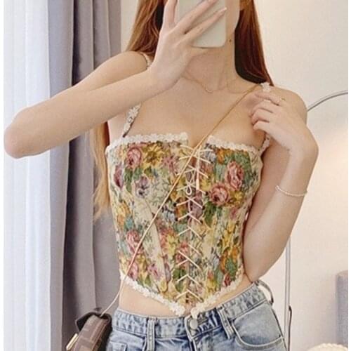 Vintage Elegant Print Lace Halter Tops Women French Designer Bandage Floral Corset Shirts Chic Sexy Party Ladies Top 2021 Summer