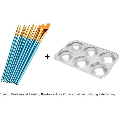 10 Piece Pointed Tip Nylon Hair Artist Painting Brushes with 1pcs Aluminum 6 Well Mixing Palette Tray Painting Supplies Plate
