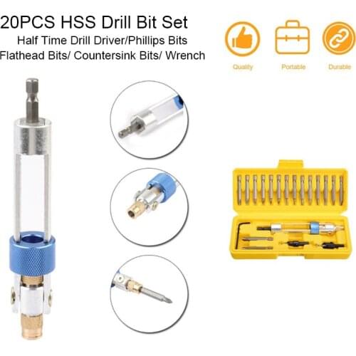 20PCS HSS Drill Bit Screwdriver w/ Half Time Drill Driver Countersunk Head Set Quick-Change Wrench
