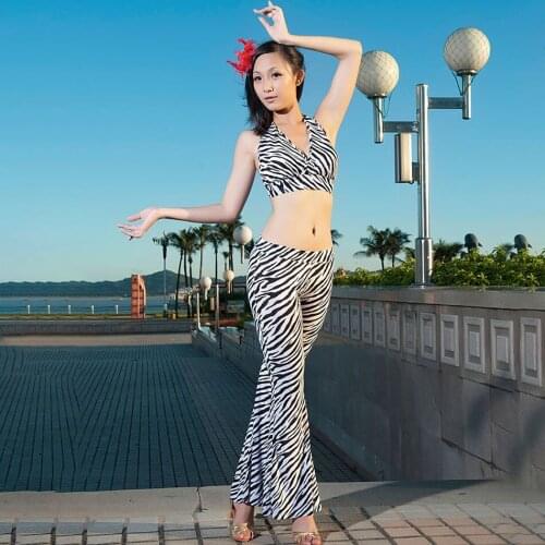 2021 New 606 Belly Dance Dress Women Bare Back Tops Zebra Design Pants Latin Dance Dress Performance Modern Dancing Dress