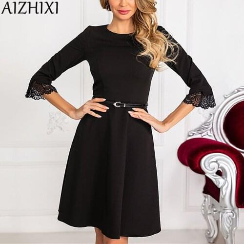 AIZHIXI Lace Trim Flare Sleeve A-Line Dress Women Autumn Elegant Solid Round Neck 3/4 Sleeve Ladies Blue Black Dresses (No Belt)