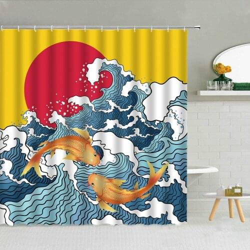 Big Wave Shower Curtain Sunset Koi Fish Multicolor Waterproof Fabric Bath Screen Bathroom Decor Curtains With Hooks 3D Printing