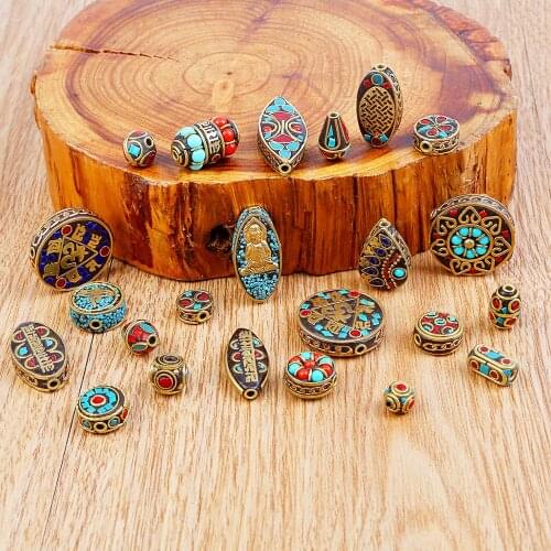 1pc Multi shape Antique Gold Retro Nepal Beads Red Coral Tibetan Metal Beads For Jewelry Making DIY Charm Bracelet Necklace