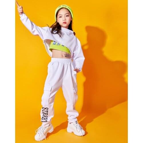 Kids Jazz Dance Costume Girls Hip Hop Performance Clothes Children Long Sleeve White Clothing Model Catwalk Show Outfit DQL1899